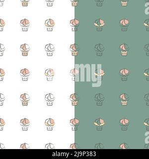 Icona cupcake motivo senza giunture. Linea grigia marrone. Disegno a mano di pennello pennello colpo doodle design. Simboli dei dolci da forno, griglia geometrica. Verde Illustrazione Vettoriale