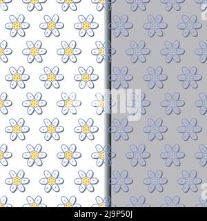 Camomilla floreale senza cuciture 2 motivi. Doodle cartoon grafica margherita fiori. Design semplice e carino, disegno geometrico a colori pastello a griglia. Bianco, grigio Illustrazione Vettoriale