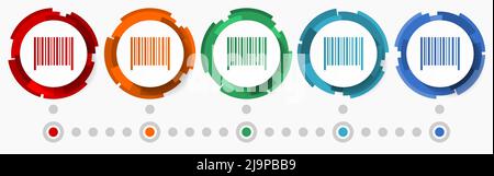 Codice a barre, set di icone vettoriali per il negozio, pulsanti Web astratti per il design moderno in 5 opzioni di colore, modello infografico per il webdesign e le applicazioni mobili Illustrazione Vettoriale