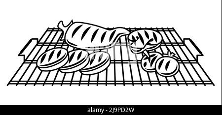 Illustrazione del barbecue con oggetti e icone della griglia. Cucina stilizzata e menu del ristorante. Illustrazione Vettoriale