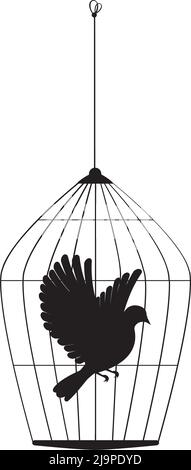 Profilo della colomba volante in gabbia, vettore. Illustrazione dell'uccello della colomba in gabbia isolata su sfondo bianco. Design minimalista in bianco e nero. Arte da parete, Illustrazione Vettoriale