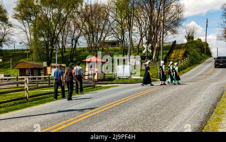 Ronks, Pennsylvania, Aprile 18,2021 - Teenage Amish ragazzi e ragazze che camminano lungo una strada rurale Foto Stock