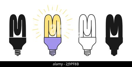Icona lampadina, lampadina fluorescente a risparmio energetico timbro silhouette, doodle contorno set. Simbolo luminoso al neon Eco Economy. Idea di simbolo e creatività, innovazione, soluzione o pensiero, invenzione moderna Illustrazione Vettoriale