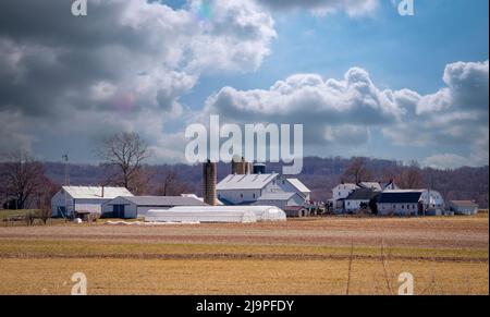 Vista di una fattoria con granai, silos, fattoria e altri edifici in un giorno parzialmente nuvoloso Foto Stock