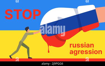 Lotta tra uomo piccolo e guanto pugilato, Stop Russian aggression message, resistenza alla violenza nel conflitto militare. Goccia di sangue che scorre dalla bandiera della Russia sullo sfondo con bandiera Ucraina Illustrazione Vettoriale