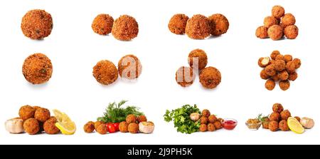 Set di gustose cotolette di merluzzo su sfondo bianco Foto Stock