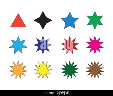13 diversi tipi di stelle e diversi tipi di colori. su sfondo bianco Illustrazione Vettoriale