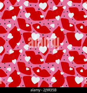 Modello senza giunture con baci e cuori. Modello creativo con occhi e cuori per tessuti, stampe, abbigliamento, imballaggi, decorazioni e carta da parati. RETR Foto Stock
