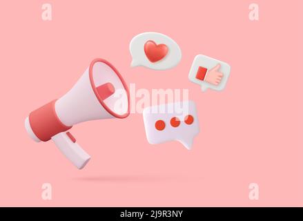 Megafono con icone sociali volanti Illustrazione Vettoriale