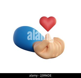 Mano umana che tiene il cuore volante. Fare il simbolo del cuore con il gesto delle dita. Rendering realistico di alta qualità 3D isolato su sfondo bianco. Foto Stock