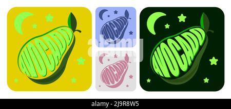 Avocado simbolo per i bambini caffè. Emblema con immagine astratta del frutto dell'avocado e iscrizione. Vettore piatto con lettere Illustrazione Vettoriale