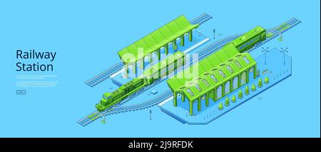 Poster della stazione ferroviaria con binario isometrico, treno e piattaforma. Banner vettoriale di infrastrutture di trasporto ferroviario con stazione moderna vuota, locomotiva con trasporto Illustrazione Vettoriale