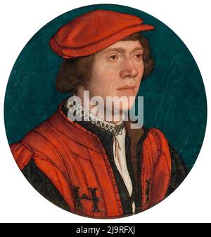 Hans Holbein il giovane, Ritratto di un uomo in un cappuccio rosso, dipinto in olio su pergamena montato su legno di tiglio, 1532-1535 Foto Stock