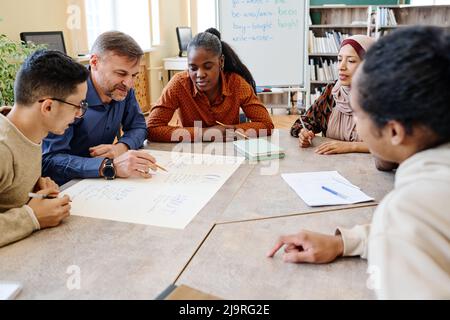 Insegnante di lingua inglese seduto al tavolo con i suoi studenti che controllano l'ortografia delle parole sul poster che hanno creato Foto Stock