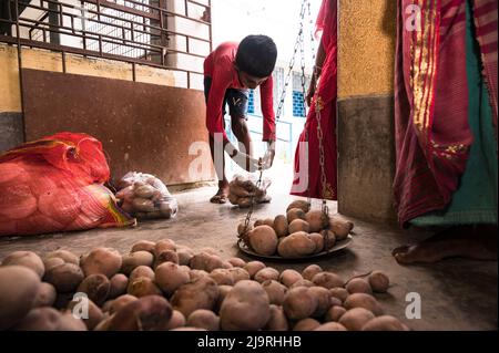 24 maggio 2022, Tehatta, Bengala Occidentale, India: Il governo del Bengala Occidentale ha diretto le scuole di governo di stato a distribuire le forniture di pasto di metà giorno ai genitori degli allievi durante le vacanze di estate in modo che i bambini bisognosi non siano privati del programma. L'avviso ha detto che ogni studente avrebbe ottenuto 2 kg di riso, 2 kg di patate, 250 grammi di zucchero, 250 grammi di legumi, e una saponetta. Così gli studenti sono venuti in una scuola elementare per ottenere i loro prodotti alimentari durante le vacanze estive e alcuni di loro stanno anche aiutando a dare gli articoli alimentari a Nabin Nagar, West Bengala. (Credit Image: © Soumrabyata Roy/Pacific Foto Stock