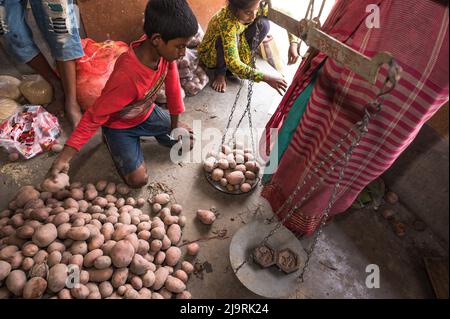 24 maggio 2022, Tehatta, Bengala Occidentale, India: Il governo del Bengala Occidentale ha diretto le scuole di governo di stato a distribuire le forniture di pasto di metà giorno ai genitori degli allievi durante le vacanze di estate in modo che i bambini bisognosi non siano privati del programma. L'avviso ha detto che ogni studente avrebbe ottenuto 2 kg di riso, 2 kg di patate, 250 grammi di zucchero, 250 grammi di legumi, e una saponetta. Così gli studenti sono venuti in una scuola elementare per ottenere i loro prodotti alimentari durante le vacanze estive e alcuni di loro stanno anche aiutando a dare gli articoli alimentari a Nabin Nagar, West Bengala. (Credit Image: © Soumrabyata Roy/Pacific Foto Stock