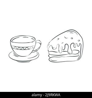 Tazza di caffè, icone torta impostate. Stile di schizzo, tratto di pennello nero disegnato a mano, illustrazione di linee spesse. Contorno elementi isolati, sfondo bianco Illustrazione Vettoriale