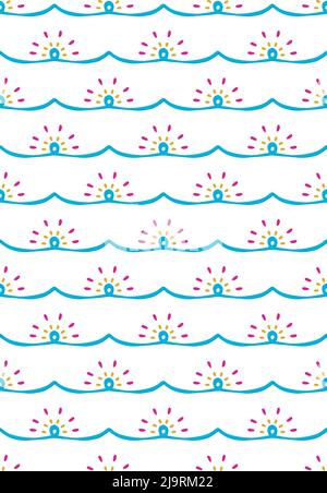 Linea d'onda tracciata modello senza giunture, simpatico modello di griglia geometrica, forme di doodle con simbolo del sole. Colori bianchi sfondo facilmente modificabile, vettoriale Illustrazione Vettoriale