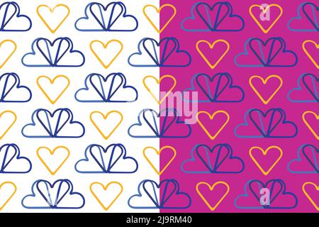 Pattern cardiaco senza giunture. Tratto di pennello a mano con inchiostro di legno massello, forme di contorno, toni blu, tavolozza di colori gialli. Carino sfondo cartoni animati per Love Holiday Illustrazione Vettoriale