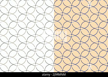 Griglia geometrica senza giunture 2 ripetizioni, set. Strato di superficie etnica ornamentale, colori di tonalità blu terra e neon. Linea di doodle disegnata a mano. Crema o rosa Illustrazione Vettoriale