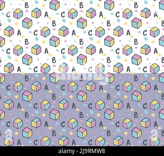 Giocattoli per bambini, blocchi di costruzione modello senza cuciture. Disegno a mano del pennello per il doodle, carattere dell'alfabeto abc, tavolozza di colori neutri di genere. Asilo nido Illustrazione Vettoriale