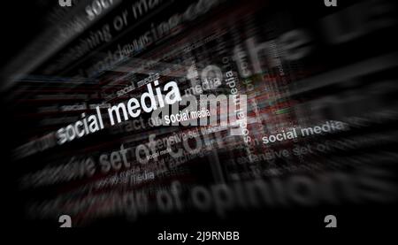 Notizie sui titoli dei media internazionali con social media e rete di comunicazione personale. Concetto astratto di titoli di notizie su display di rumore. TV g Foto Stock