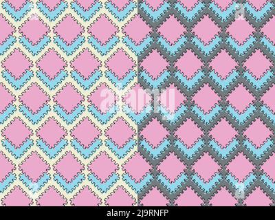 Motivo decorativo senza cuciture. Doodle, linea ornamentale a zigzag disegnata a mano, pennellata nera. Forma quadrata in lilla al neon, blu marino. Vettore Illustrazione Vettoriale