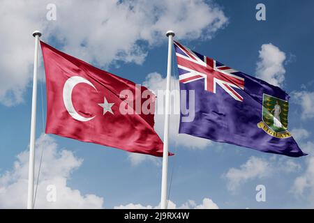 Turchia e Isole Vergini UK due bandiere su flagpoli e sfondo blu cielo nuvoloso Foto Stock