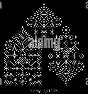 Set di motivi vettoriali tribali ispirati all'arte della runa nordica vichinga con simboli geometrici e forme astratte in bianco su sfondo nero Illustrazione Vettoriale