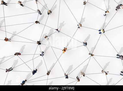 Grande gruppo di persone diverse collegate da linee. 3D rendering Foto Stock