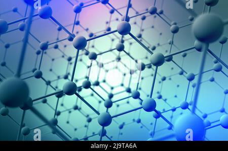 Nanotecnologie nella scienza moderna. Tecnologie future nello studio della struttura dei nanomateriali. 3D illustrazione della griglia atomica su sfondo high-tech Foto Stock