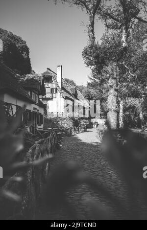 Il luogo turistico più famoso di Madeira è Parque das Queimadas nella parte portoghese. Foto in bianco e nero di una strada con una casa antica. Foto Stock