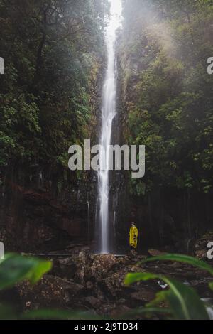 Con il tempo piovoso, la maestosa e famosa cascata del 25fontes sorge nella nebbia e nella pioggia dell'isola di Madeira, in Portogallo. Alla scoperta di magiche pl Foto Stock