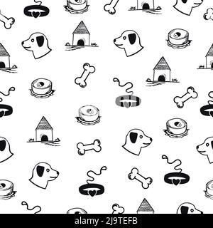 Tema carino del cane, bianco-nero senza cuciture pattern Illustrazione Vettoriale