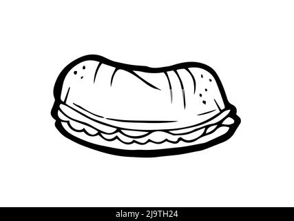 Panino da forno e panino da forno per hamburger. Disegno a mano del contorno. Isolato su sfondo bianco. Disegno monocromatico. Vettore Illustrazione Vettoriale