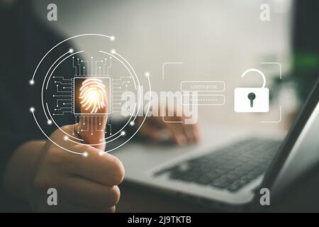 Accedere al dashboard protetto tramite scansione delle impronte digitali per accedere ai dati di rete protetti con dati biometrici. Foto Stock