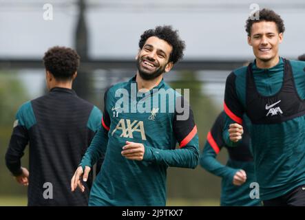 Mohamed Salah di Liverpool durante una giornata mediatica presso l'AXA Training Center di Liverpool, davanti alla finale della UEFA Champions League di Parigi sabato. Data foto: Mercoledì 25 maggio 2022. Foto Stock