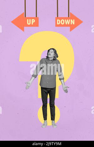 Illustrazione del collage creativo verticale della persona interessata bianco e nero i colori osservano le frecce verso il basso fanno la scelta Foto Stock