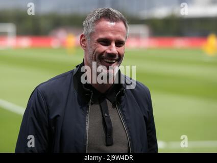 Liverpool, Regno Unito. 25th maggio 2022; AXA Training Center, Liverpool, Inghilterra: Liverpool FC Press Conference e training di squadra prima della loro finale di Champions League contro Real Madrid a Parigi: Ex giocatore di Liverpool e tv pundit Jamie Carragher credito: Action Plus Sports Images/Alamy Live News credito: Action Plus Sports Images/Alamy Live News Foto Stock