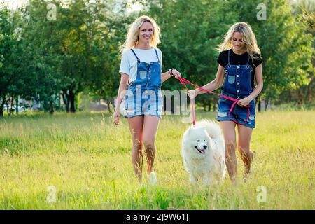 due bella e affascinante donna bionda gemelli in tute denim sono in esecuzione con un bianco soffice cane samoyed nel parco Foto Stock