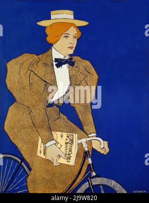 Un'illustrazione di una donna su una bicicletta con un Manuale del ciclo in mano. L'immagine di Joseph J Gould (1880-1935) è un dettaglio tratto da un poster di Lippincott's, una rivista letteraria mensile americana pubblicata a Philadelphia dal 1868 al 1915. Foto Stock