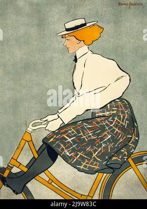 L'illustrazione di una donna su una bicicletta di Edward Penfield (1866-1925) è un dettaglio modificato da un poster 1895 pubblicità Stearns biciclette di New York, USA. Foto Stock