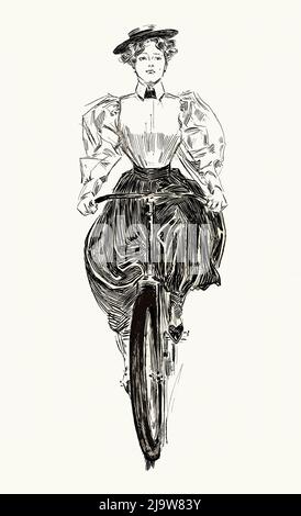 Il dettaglio di un'illustrazione di una donna in bicicletta di Charles Dana Gibson (1867-1944) è un dettaglio modificato da un poster del 1895 che fa pubblicità a Scribner's, un editore americano con sede a New York City. Foto Stock