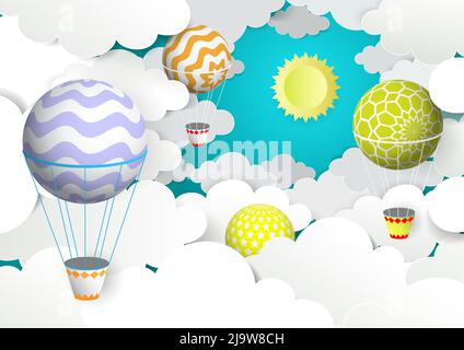 Palloncini ad aria calda nel cielo, illustrazione vettoriale in stile cartaceo Illustrazione Vettoriale