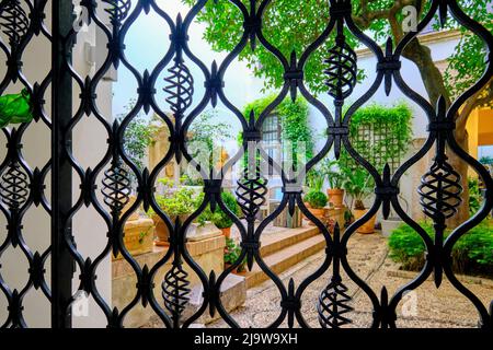 Un patio tradizionale di Cordoba, un cortile pieno di fiori e freschezza. Andalucia, Spagna Foto Stock