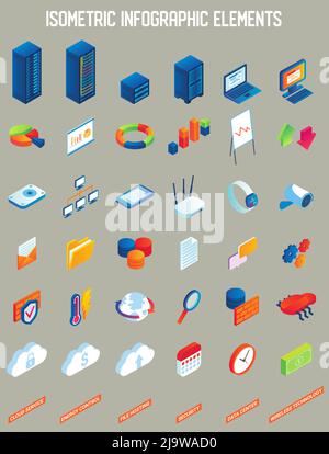 Elementi infografici isometrici vettoriali per data center Illustrazione Vettoriale