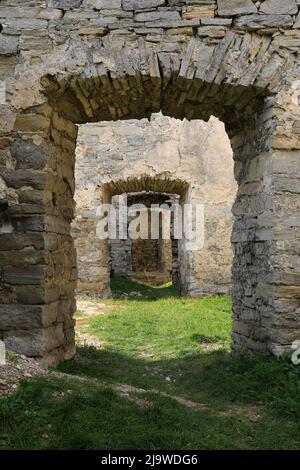 stonewall e arco in vecchio castello in rovina in Ucraina Foto Stock