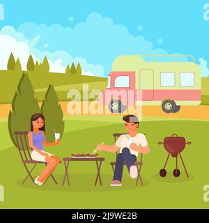 Famiglia bbq vettore disegno di stile piatto Illustrazione Vettoriale