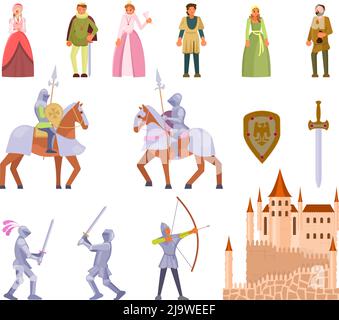 Set di icone del cavaliere medievale, illustrazione piatta vettoriale Illustrazione Vettoriale