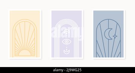 Boho forme geometriche poster collezione. Linea art. Decorazione minimalista a parete, stampa o cartolina. Stile mistico. Illustrazione vettoriale, design piatto Illustrazione Vettoriale